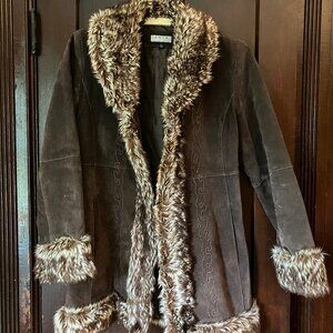 Canvas Genuine Leather Coat with Faux Fur Trim